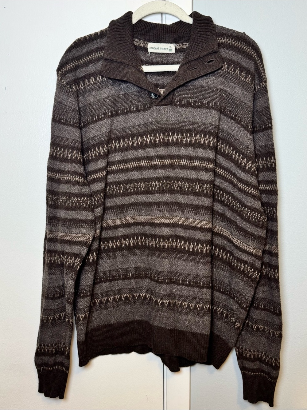 Mutual Weave Men's Shawl Collar Striped Sweater - Brown